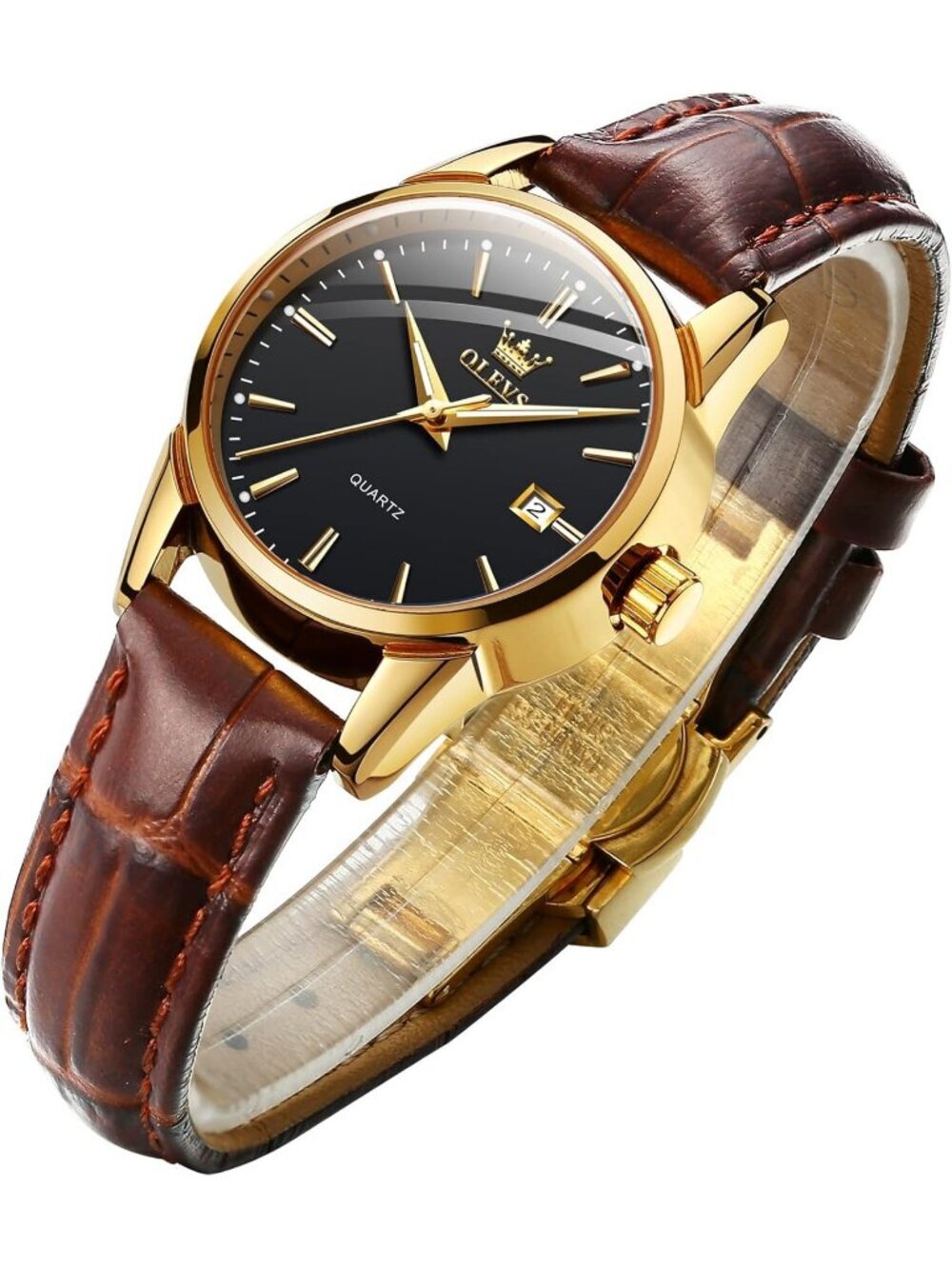 Olevs Womens Black Dial Brown Leather Analog Waterproof Reloj Mujer Luxury Watch